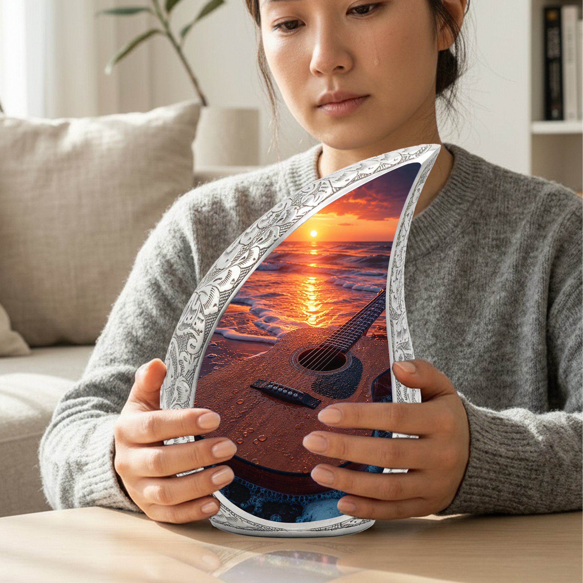 Beach Guitar Sunset Urn for Human Ashes | Adult Cremation Urn with Ocean & Guitar Memorial Design