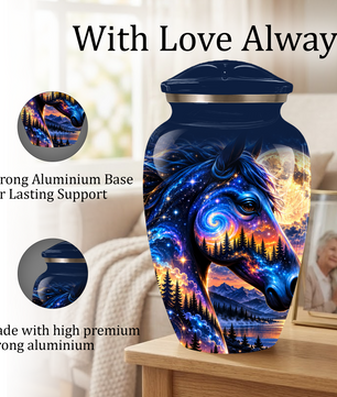 Personalized Horse Cremation Urn for Ashes, Cosmic Galaxy Horse Adult Memorial Urn, Custom Aluminum Urn