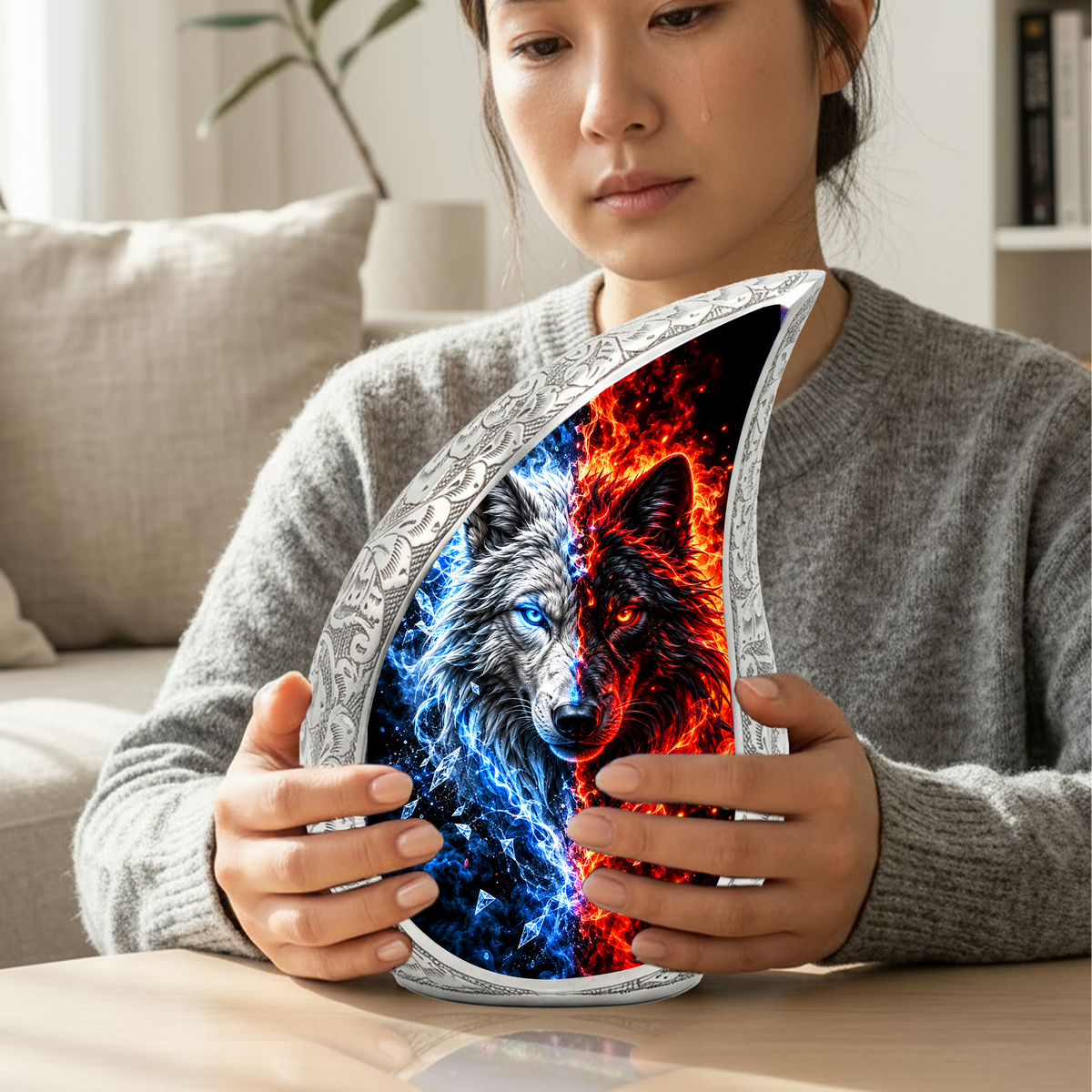 Fire and Ice Wolf Cremation Urn for Ashes, Dual Wolf Memorial Urn, Personalized Adult Cremation Urn