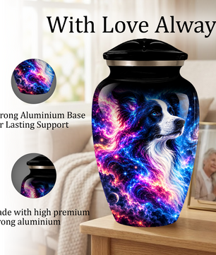 Cosmic Border Collie Cremation Urn for Adult Ashes, Black and White Dog Memorial Urn with Glowing Blue Pink Galaxy and Celestial Stars Artwork
