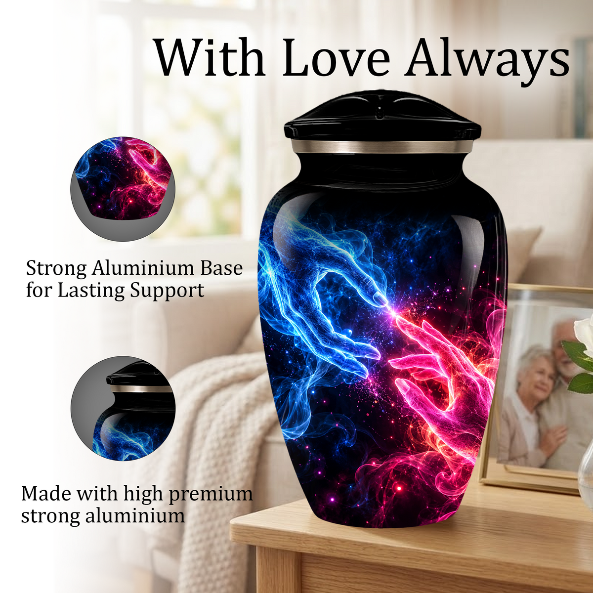 Cosmic Hands Cremation Urn for Adult Ashes, Blue and Pink Galaxy Memorial Urn, Personalized Funeral Urn for Human Ashes, Celestial Keepsake