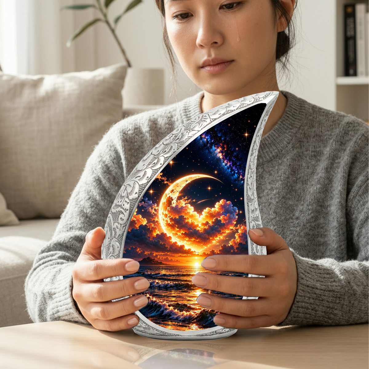 Ocean Sunset Adult Urn for Ashes, Golden Moon Cremation Urn for Human Ashes