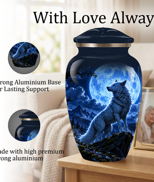 Personalized Adult Cremation Urn for Ashes, Custom Blue Wolf Moon Memorial Urn, Wildlife Cremation Urn