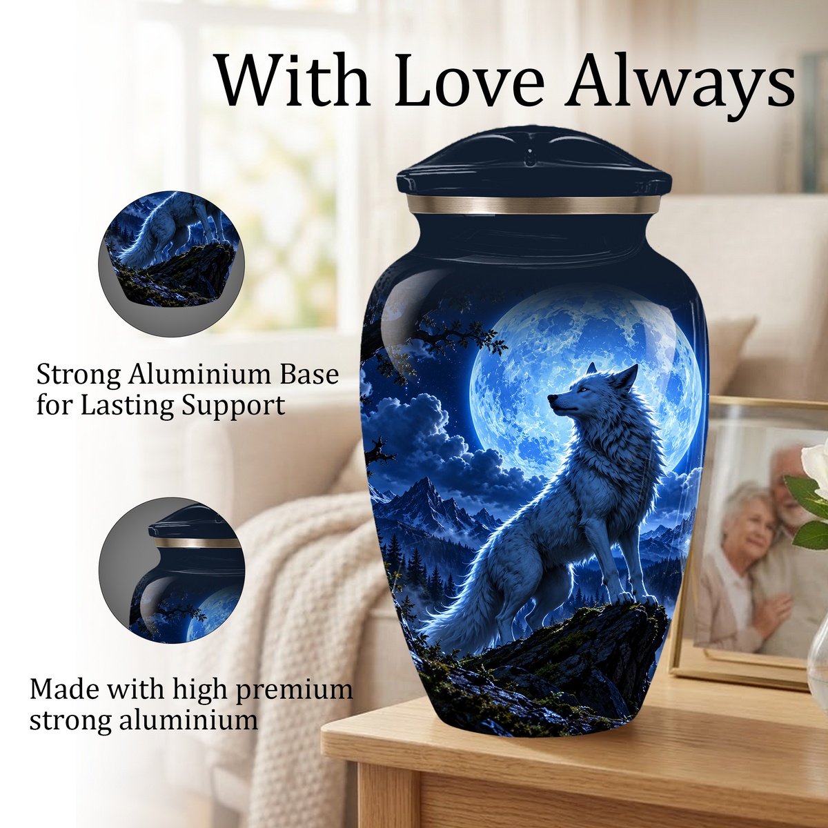 Personalized Adult Cremation Urn for Ashes, Custom Blue Wolf Moon Memorial Urn, Wildlife Cremation Urn