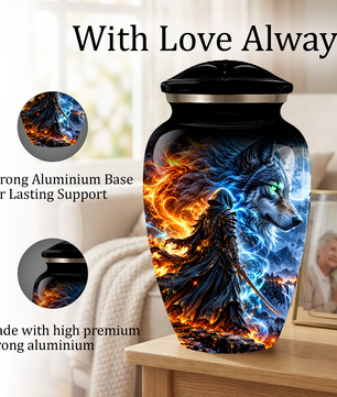 Personalized Adult Cremation Urn for Ashes, Fire and Ice Wolf Warrior Memorial Urn, Custom Aluminum Urn
