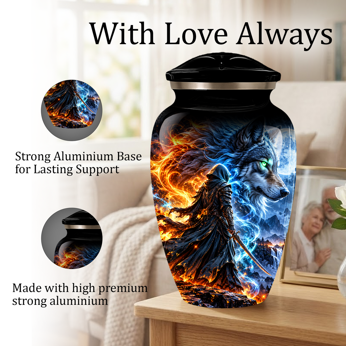 Personalized Adult Cremation Urn for Ashes, Fire and Ice Wolf Warrior Memorial Urn, Custom Aluminum Urn