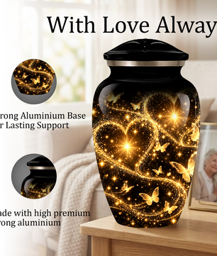 Personalized Adult Cremation Urn for Ashes, Golden Butterfly Heart Memorial Urn, Custom Adult Urn
