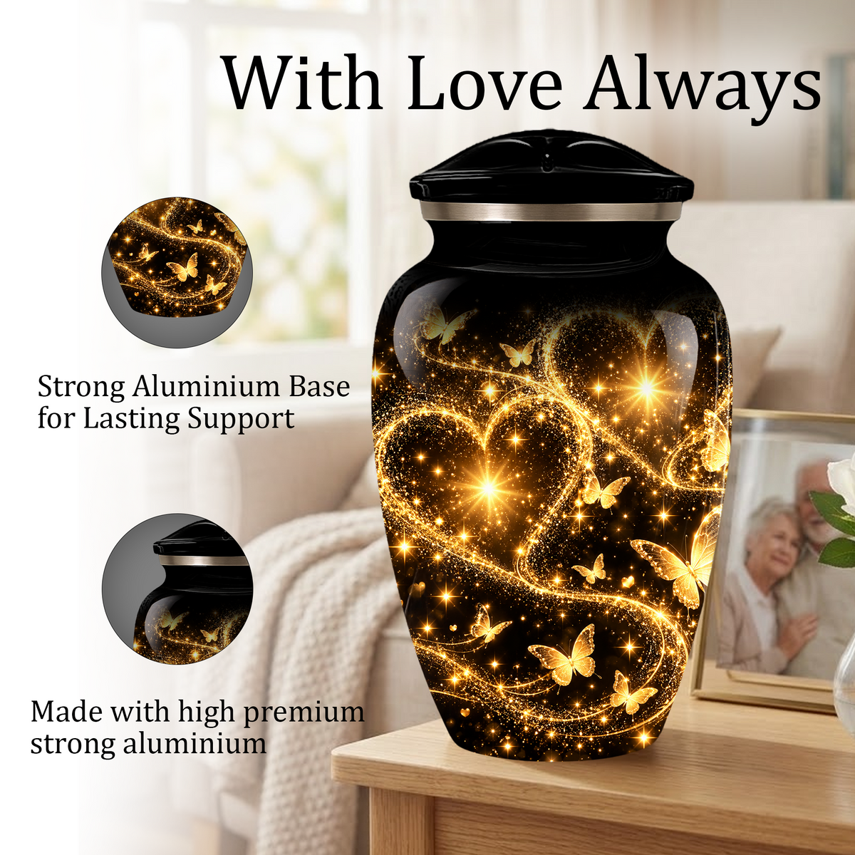 Personalized Adult Cremation Urn for Ashes, Golden Butterfly Heart Memorial Urn, Custom Adult Urn