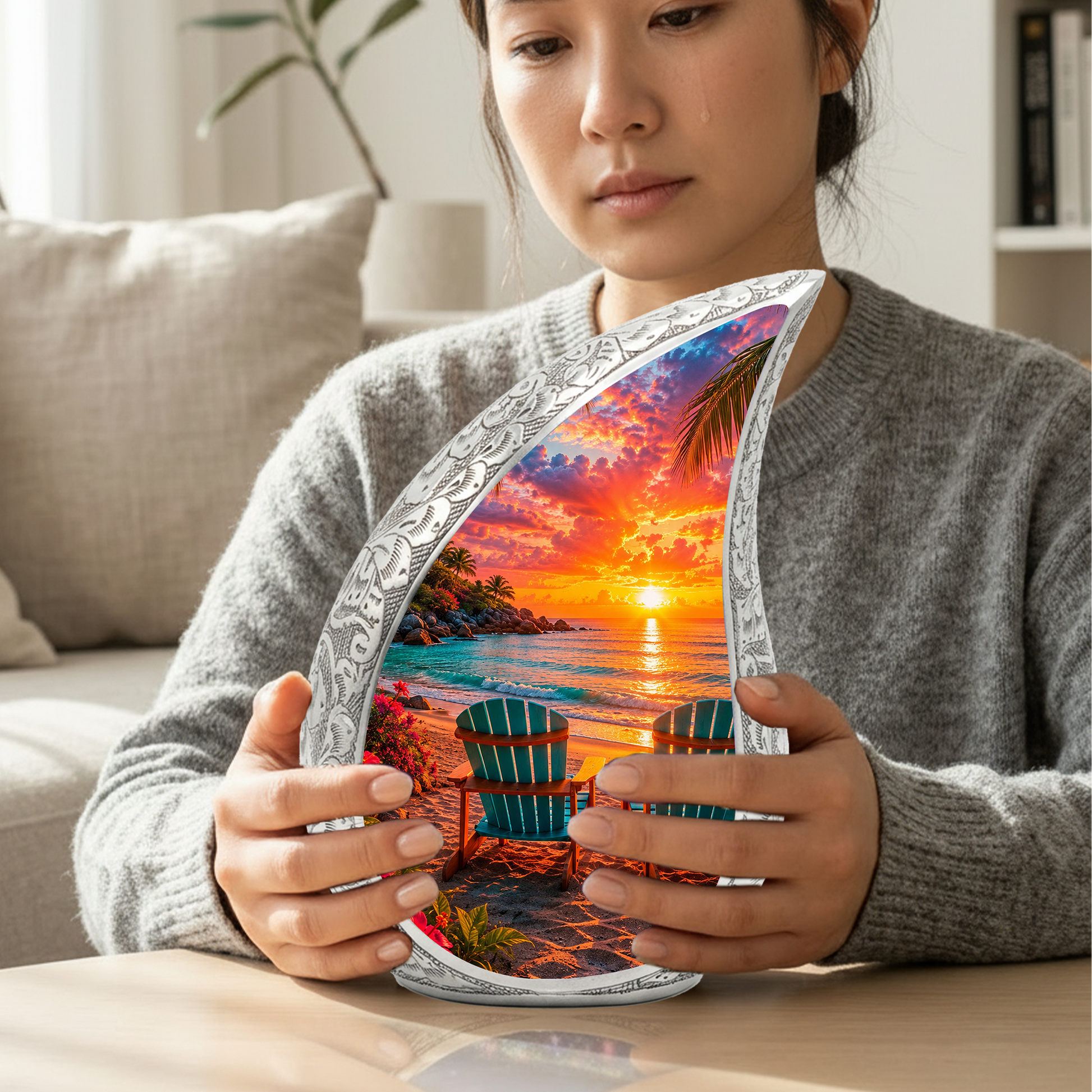 Beach Sunset Adult Cremation Urn for Mom, Dad, Women & Men, Tropical Memorial Urn for Ashes