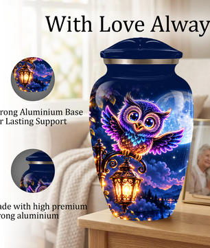 Owl Cremation Urn for Adult Ashes, Colorful Owl Under Moonlight Adult Urn for Human Ashes