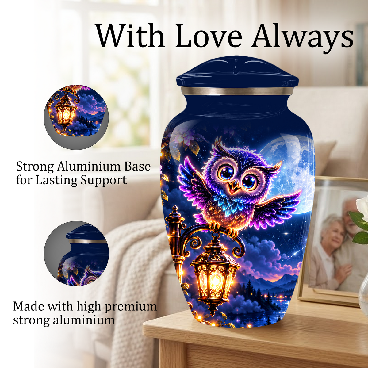 Owl Cremation Urn for Adult Ashes, Colorful Owl Under Moonlight Adult Urn for Human Ashes