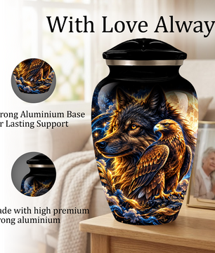 Wolf and Eagle Cremation Urn for Adult Ashes, Black Memorial Urn with Golden Eagle, Majestic Wolf and Celestial Artwork