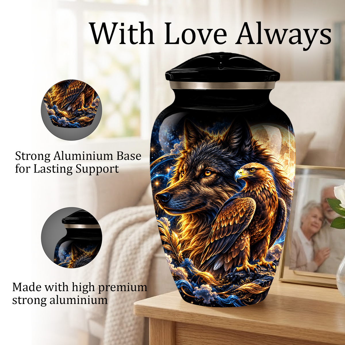 Wolf and Eagle Cremation Urn for Adult Ashes, Black Memorial Urn with Golden Eagle, Majestic Wolf and Celestial Artwork