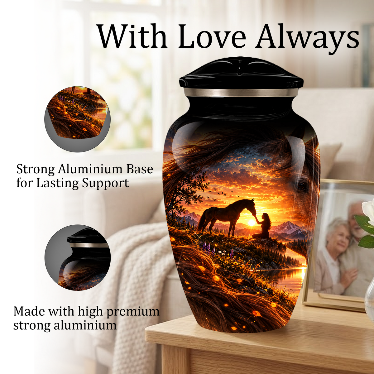 Personalized Adult Cremation Urn for Ashes, Custom Memorial Urn, Horse Sunset Artwork, Adult Urn