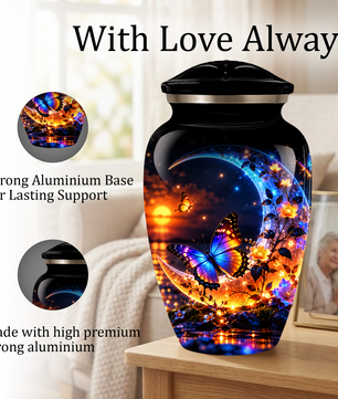 Butterfly Moon Cremation Urn for Adult Ashes, Personalized Adult Memorial Urn with Sunset and Floral Design