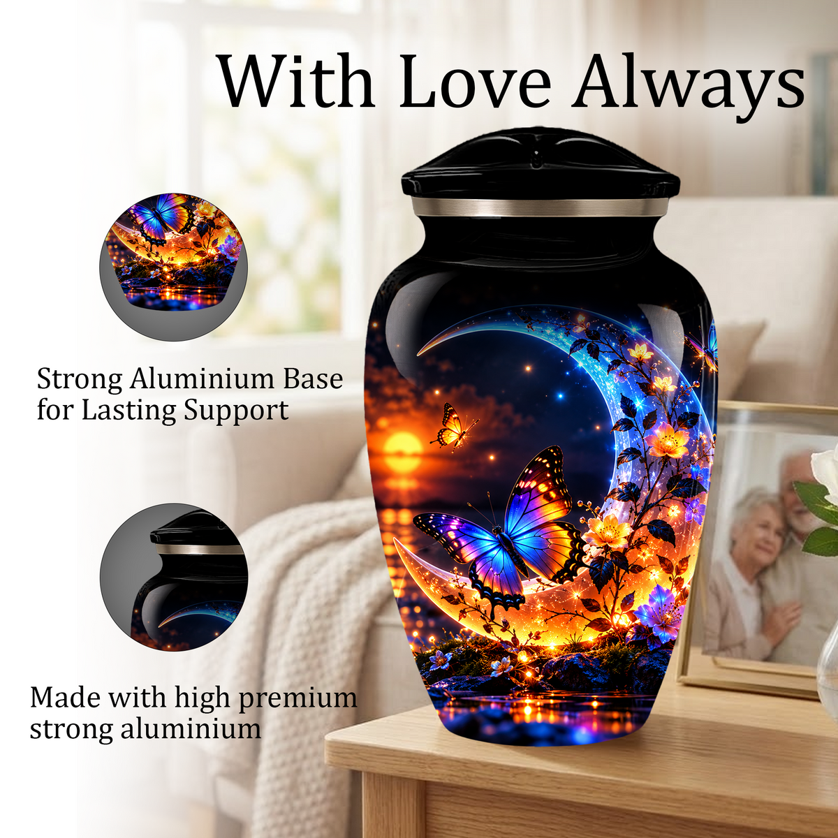 Butterfly Moon Cremation Urn for Adult Ashes, Personalized Adult Memorial Urn with Sunset and Floral Design