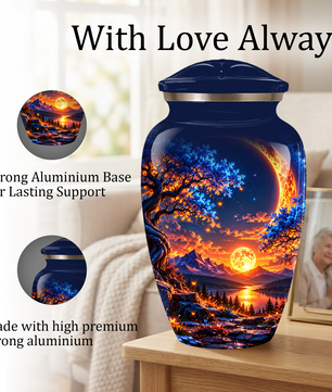 Celestial Moon Cremation Urn for Adult Ashes,  Glowing Crescent Moon, Sunset Mountains and Starry Lake Artwork
