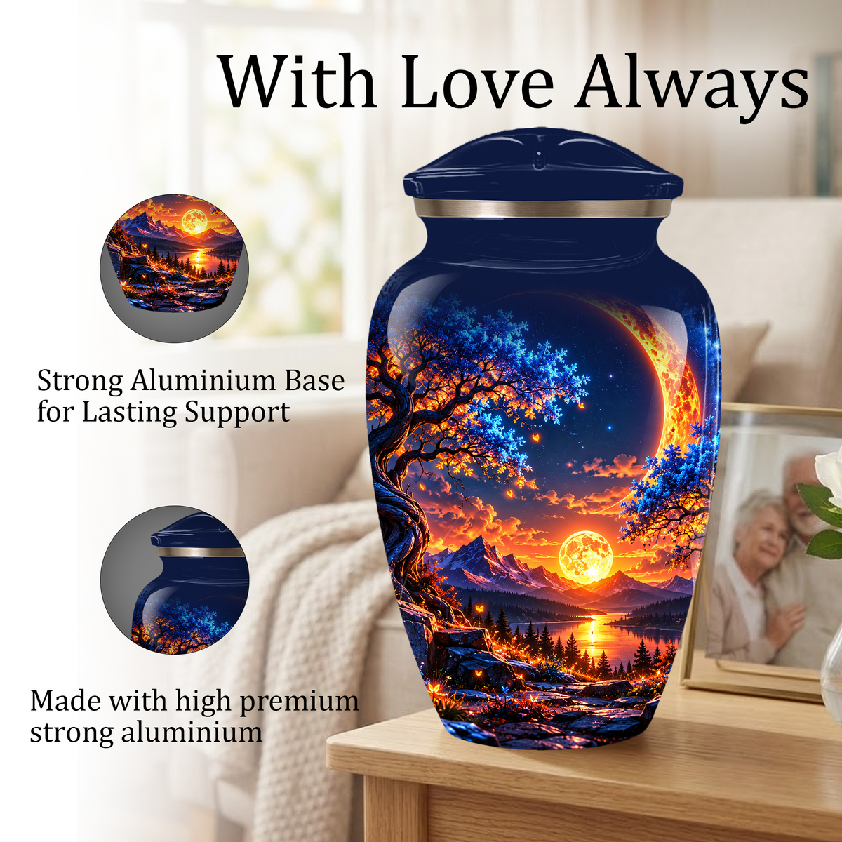 Celestial Moon Cremation Urn for Adult Ashes,  Glowing Crescent Moon, Sunset Mountains and Starry Lake Artwork