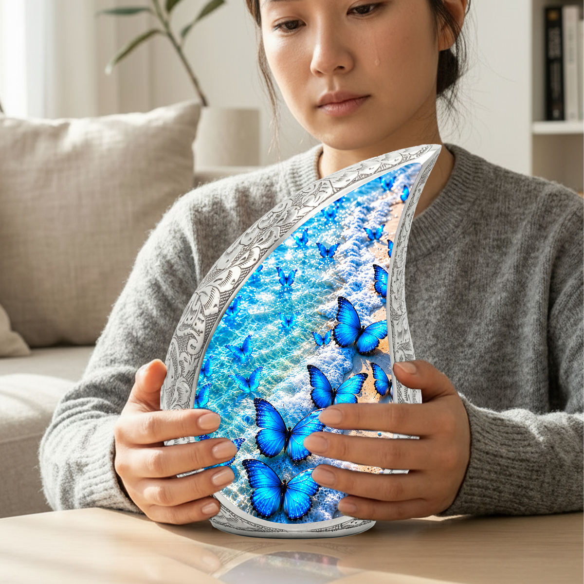 Blue Butterfly Cremation Urn for Adult Ashes, Beach Memorial Urn, Ocean Butterfly Urn for Ashes
