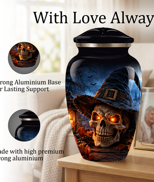Halloween Skull Adult Urn for Ashes – Gothic Witch Hat Cremation Urn for Adults