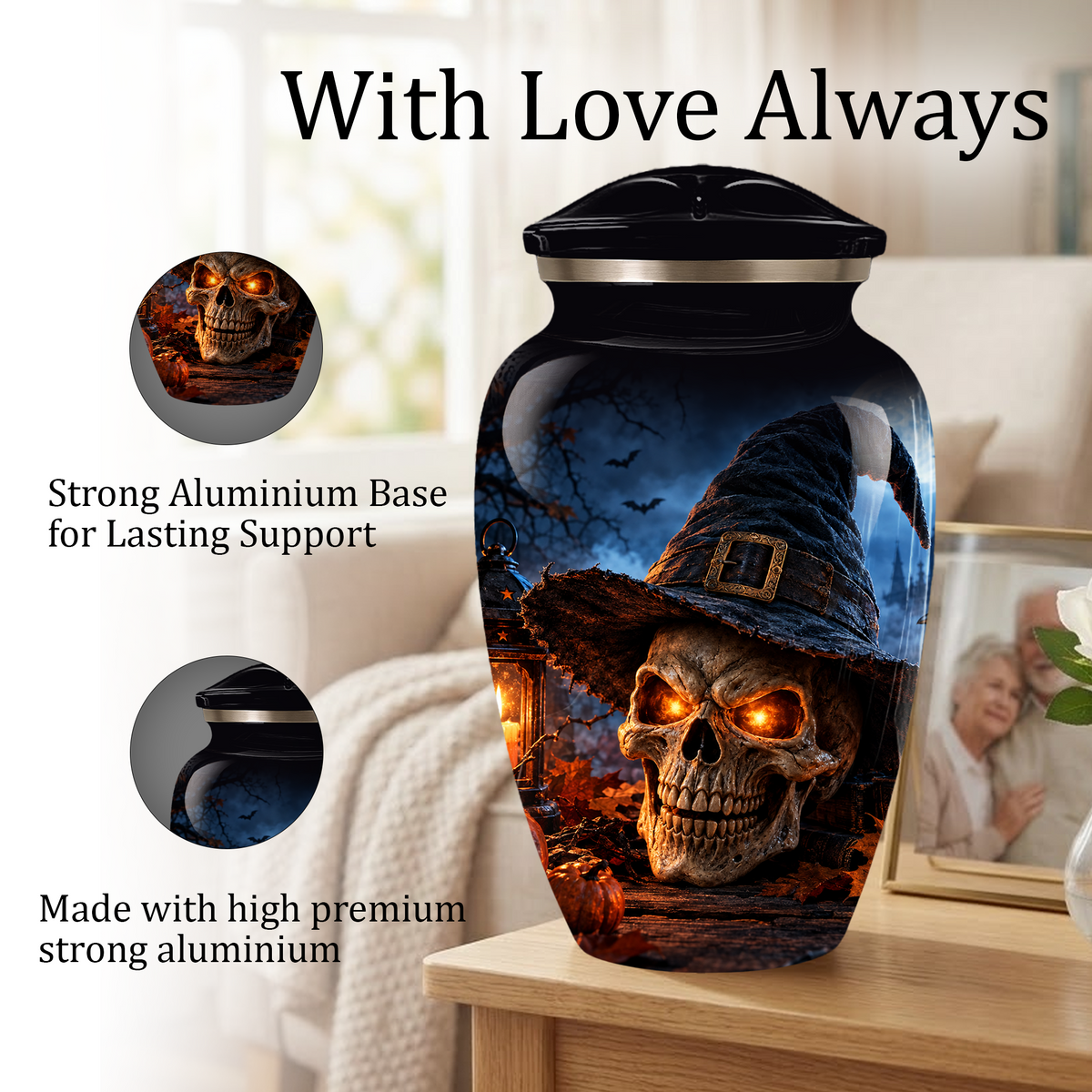 Halloween Skull Adult Urn for Ashes – Gothic Witch Hat Cremation Urn for Adults