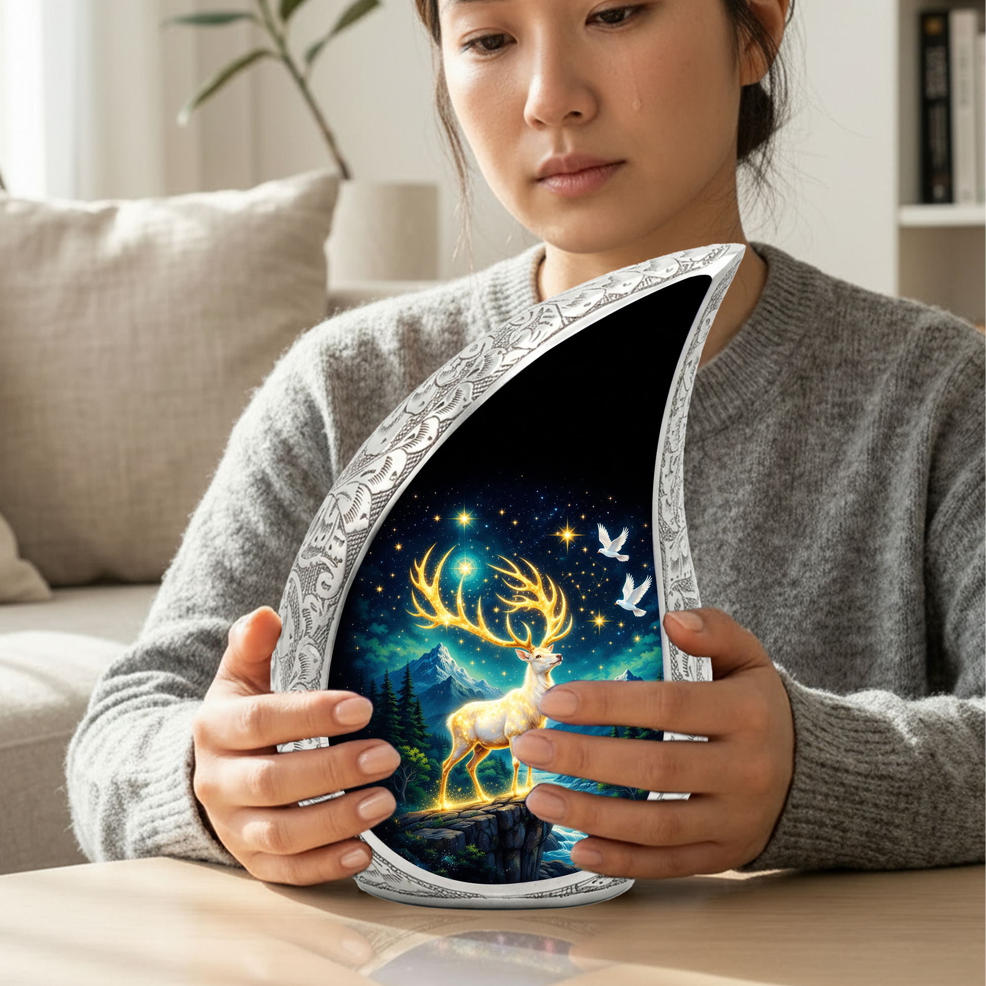 Golden Reindeer Night Landscape Cremation Urn for Adult Ashes