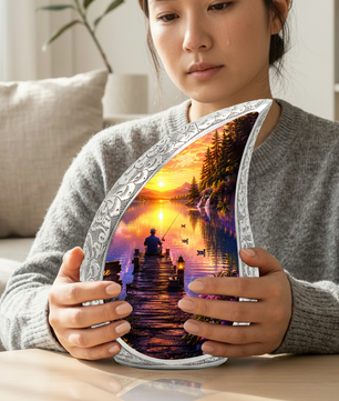 Woodland Lake Fishing Urn for Human Ashes – Nature Scene Cremation Urn with Mountain Lake, Fishing & Sunset