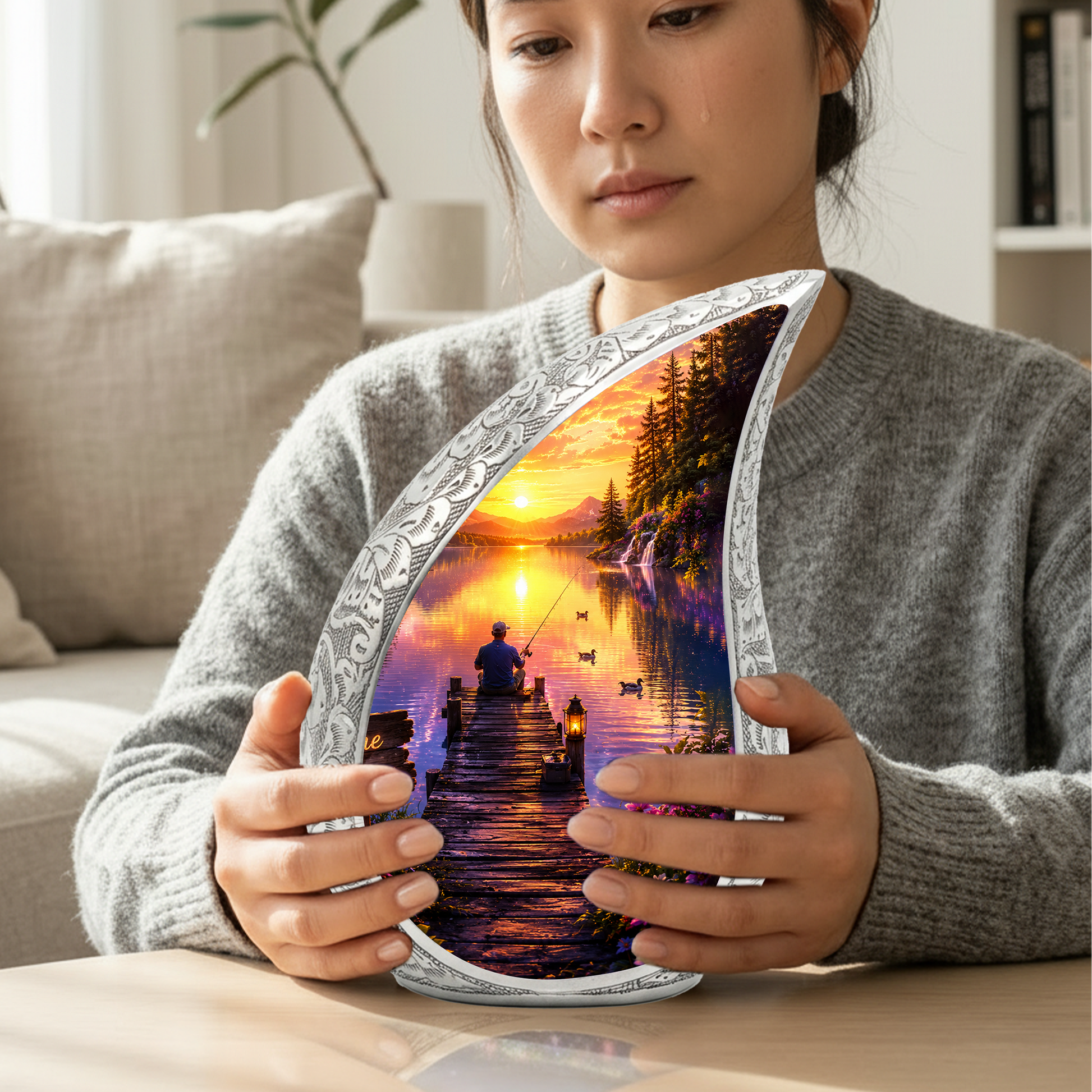 Woodland Lake Fishing Urn for Human Ashes – Nature Scene Cremation Urn with Mountain Lake, Fishing & Sunset