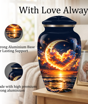 Personalized Adult Cremation Urn for Ashes, Golden Crescent Moon Ocean Memorial Urn, Custom Urn