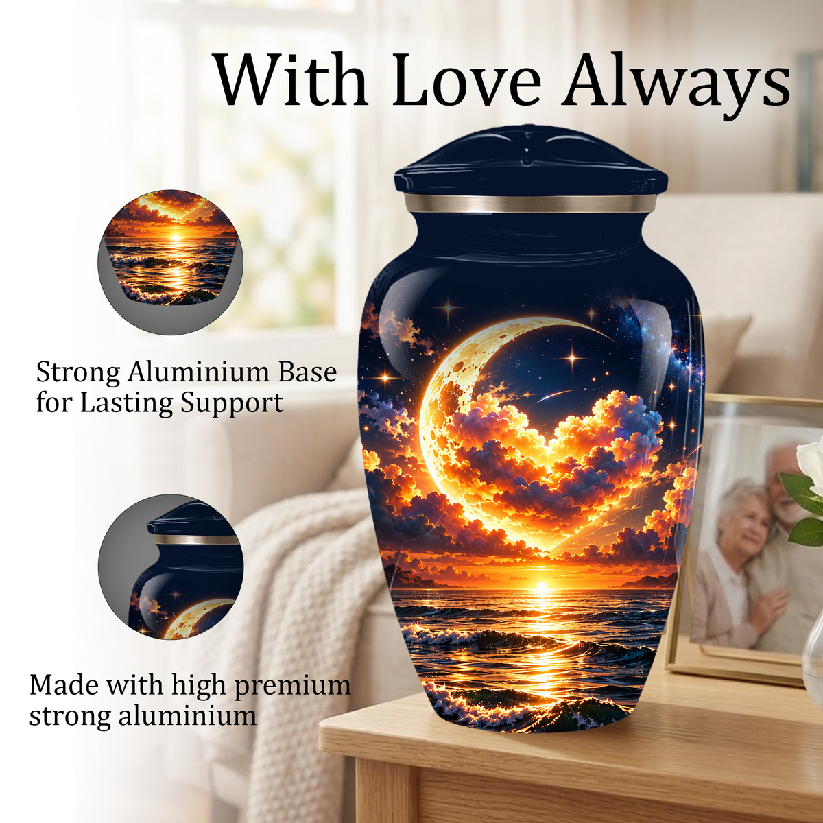 Personalized Adult Cremation Urn for Ashes, Golden Crescent Moon Ocean Memorial Urn, Custom Urn