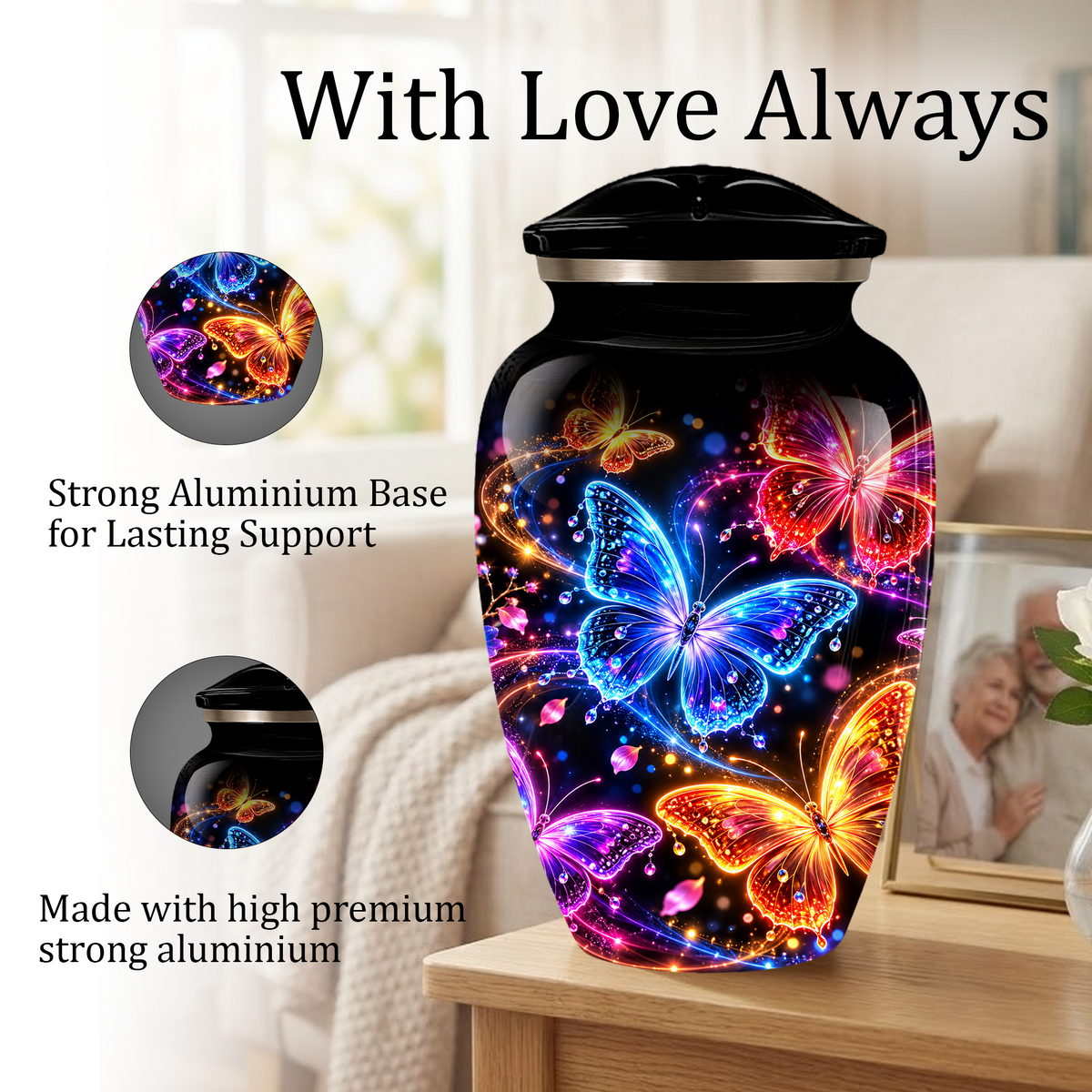 Personalized Butterfly Adult Cremation Urn for Ashes, Colorful Butterfly Memorial Urn, Black Cremation Urn