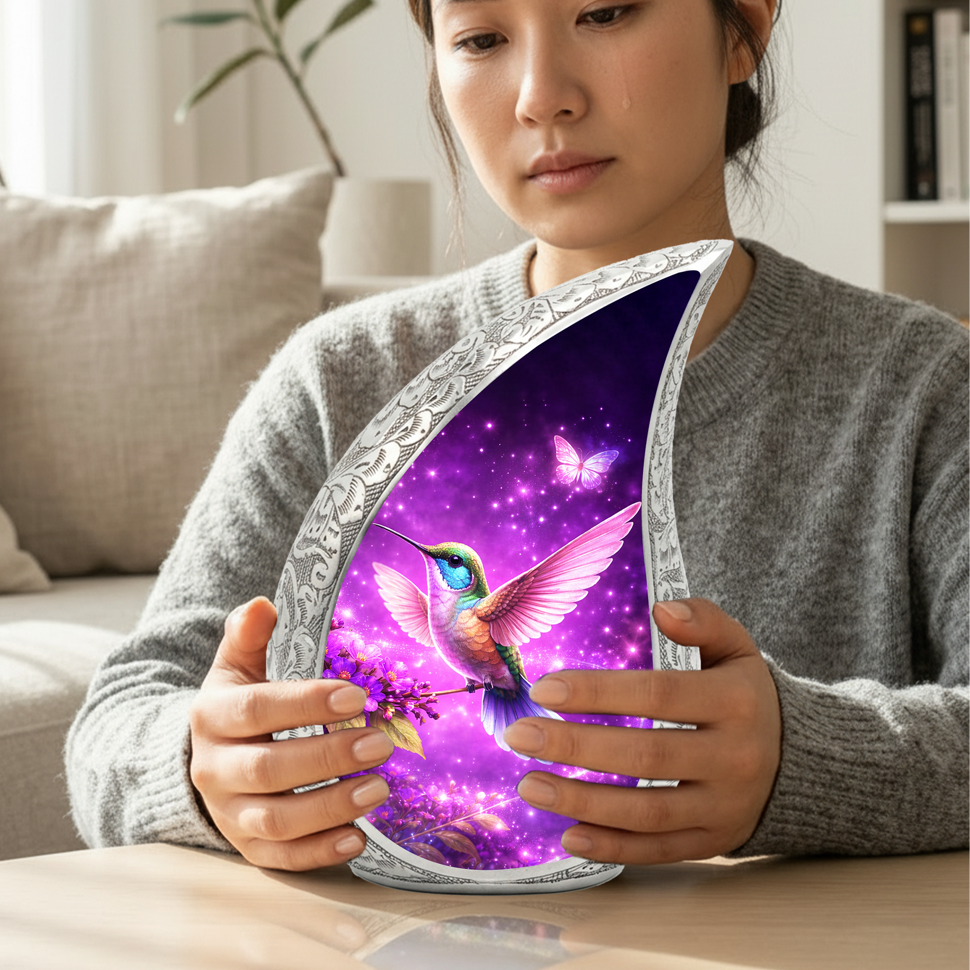 Hummingbird Personalized Cremation Urn – Teardrop Style Aluminum Memorial Urn, 10 Inch