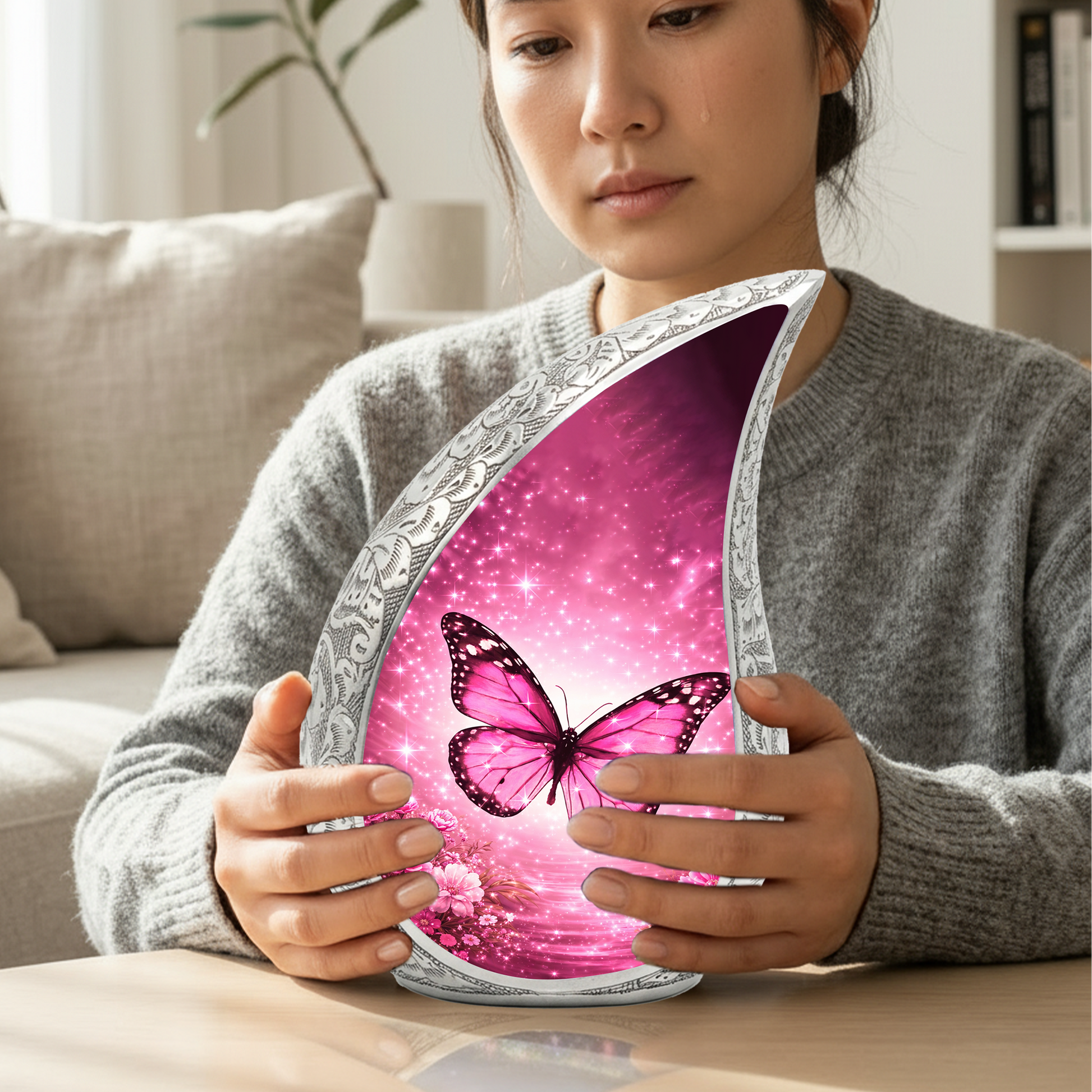 Beautiful Pink Butterfly Flower Cremation Urn for Adult Ashes
