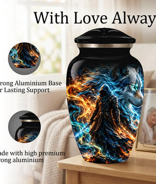 Personalized Adult Cremation Urn for Ashes, Custom Wolf Memorial Urn, Fantasy Warrior Blue and Orange Flame Artwork