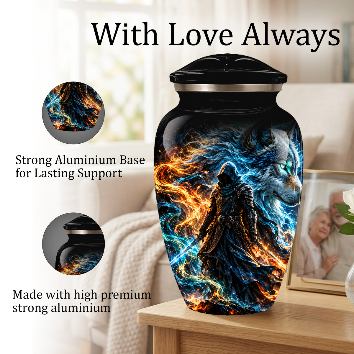 Personalized Adult Cremation Urn for Ashes, Custom Wolf Memorial Urn, Fantasy Warrior Blue and Orange Flame Artwork