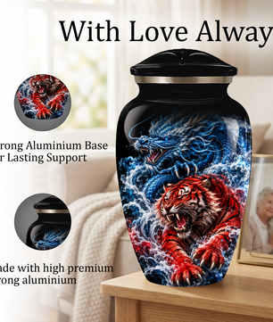 Personalized Adult Cremation Urn for Ashes, Custom Dragon and Tiger Memorial Urn, Blue Dragon Red Tiger Artwork