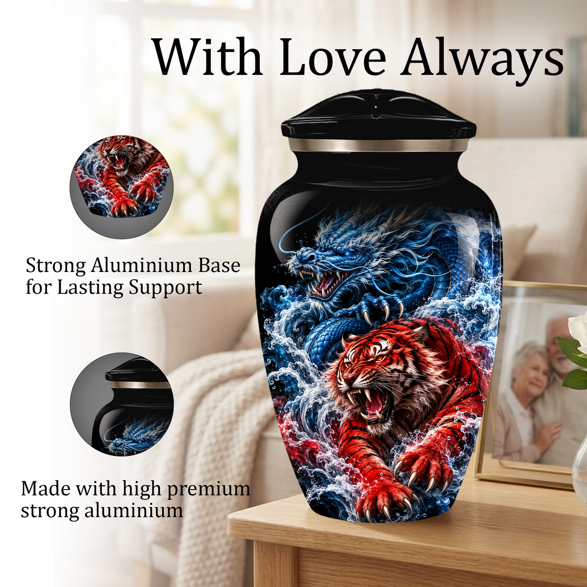 Personalized Adult Cremation Urn for Ashes, Custom Dragon and Tiger Memorial Urn, Blue Dragon Red Tiger Artwork