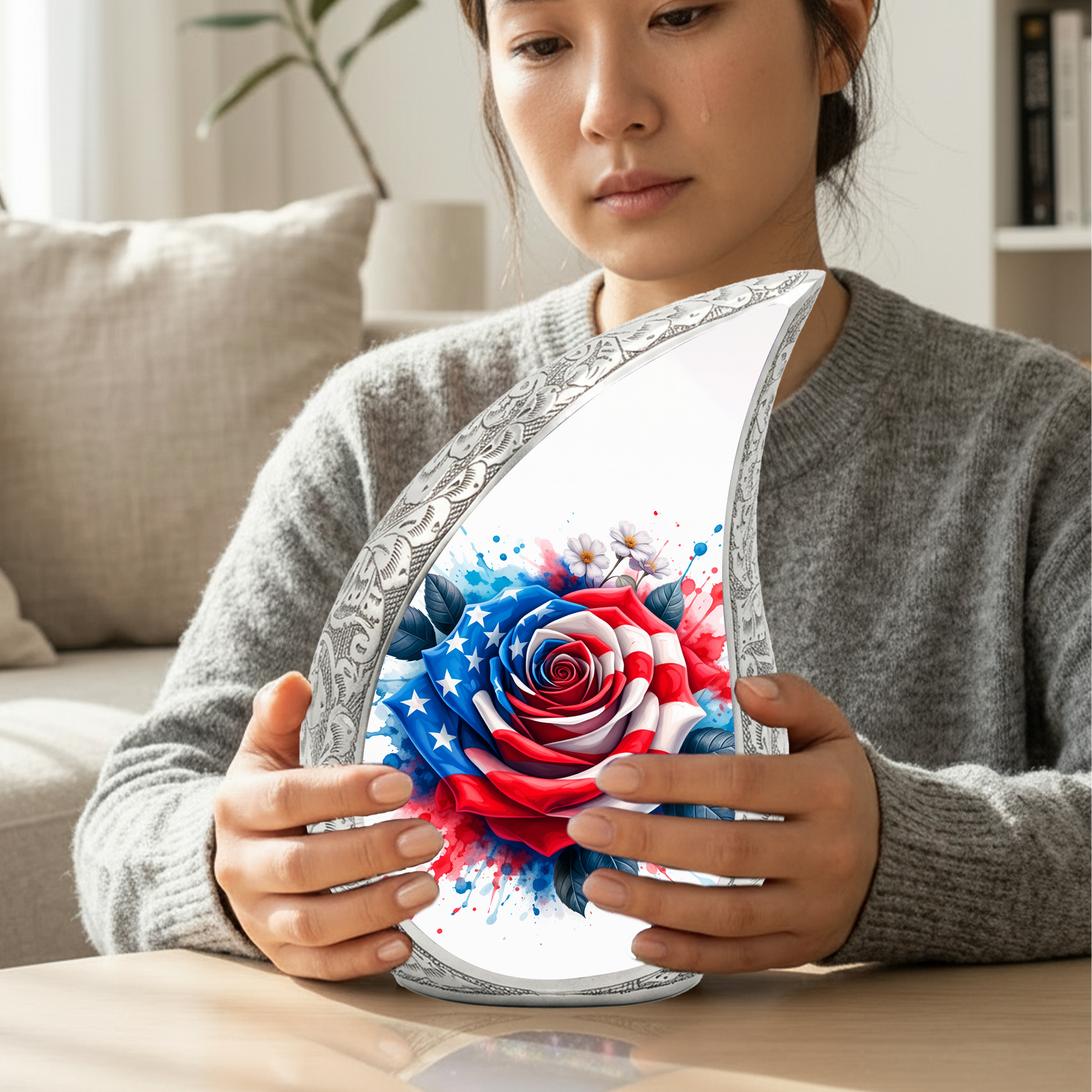 American Flag Rose Adult Cremation Urn,Personalized Memorial Urn for Mom or Dad
