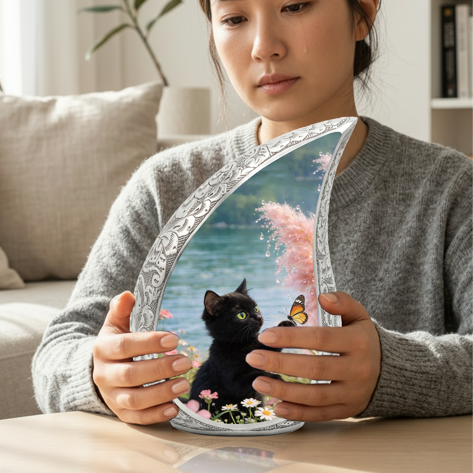 Butterfly Memorial Cat Urn - Black Cat Urn for Ashes, Custom Pet Urn for Cat