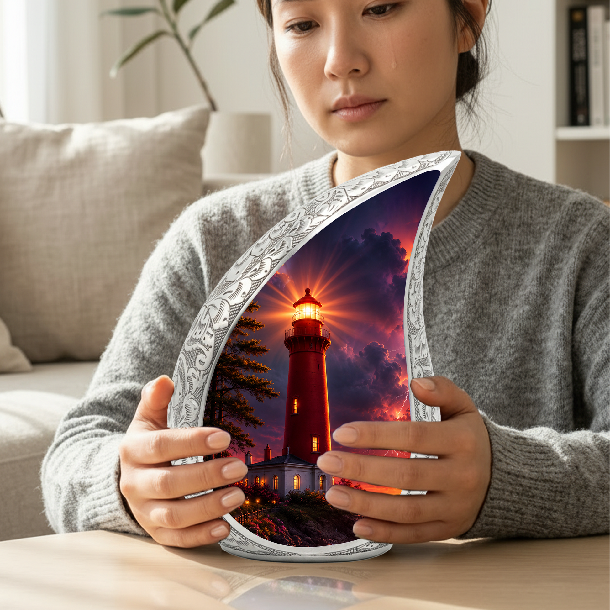 Orange Lighthouse Thunder Urn for Human Ashes | Adult Cremation Urn for Men & Women