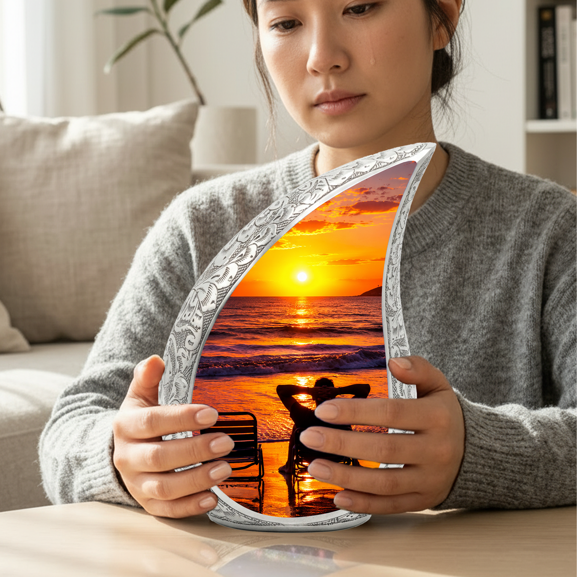 Beach Sunset Urn for Human Ashes | Wooden Ocean Sunset Cremation Urn | Beach Memorial Urn