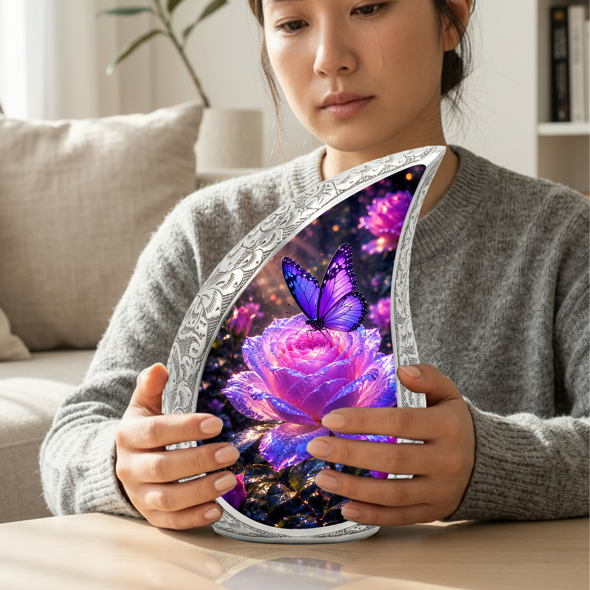 Flower Urn for Mom and Women – Blue Velvet Butterfly Keepsake Cremation Urn for Mom,