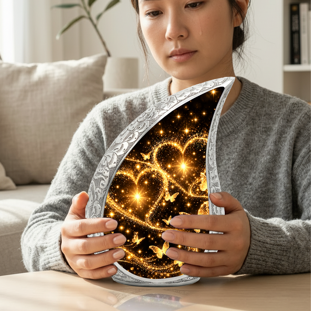 Gold Butterfly Cremation Urn for Ashes, Heart Memorial Urn