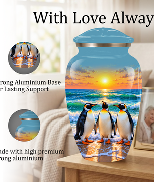 , Penguin Beach Sunset Memorial Urn, Ocean-Themed Urn for Human Ashes