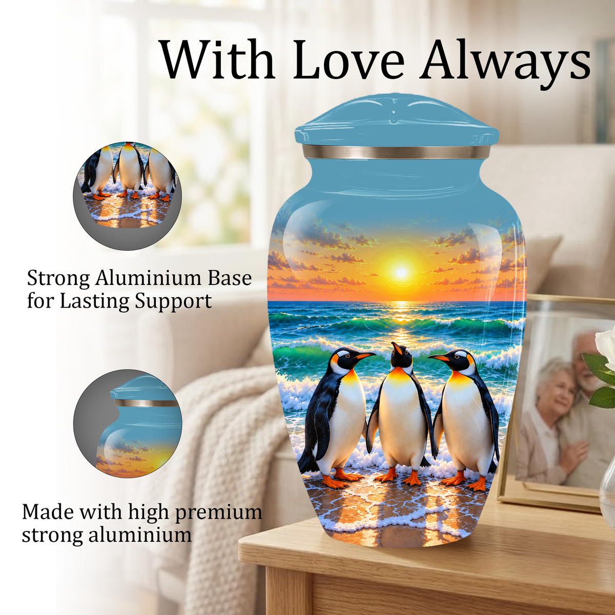 , Penguin Beach Sunset Memorial Urn, Ocean-Themed Urn for Human Ashes