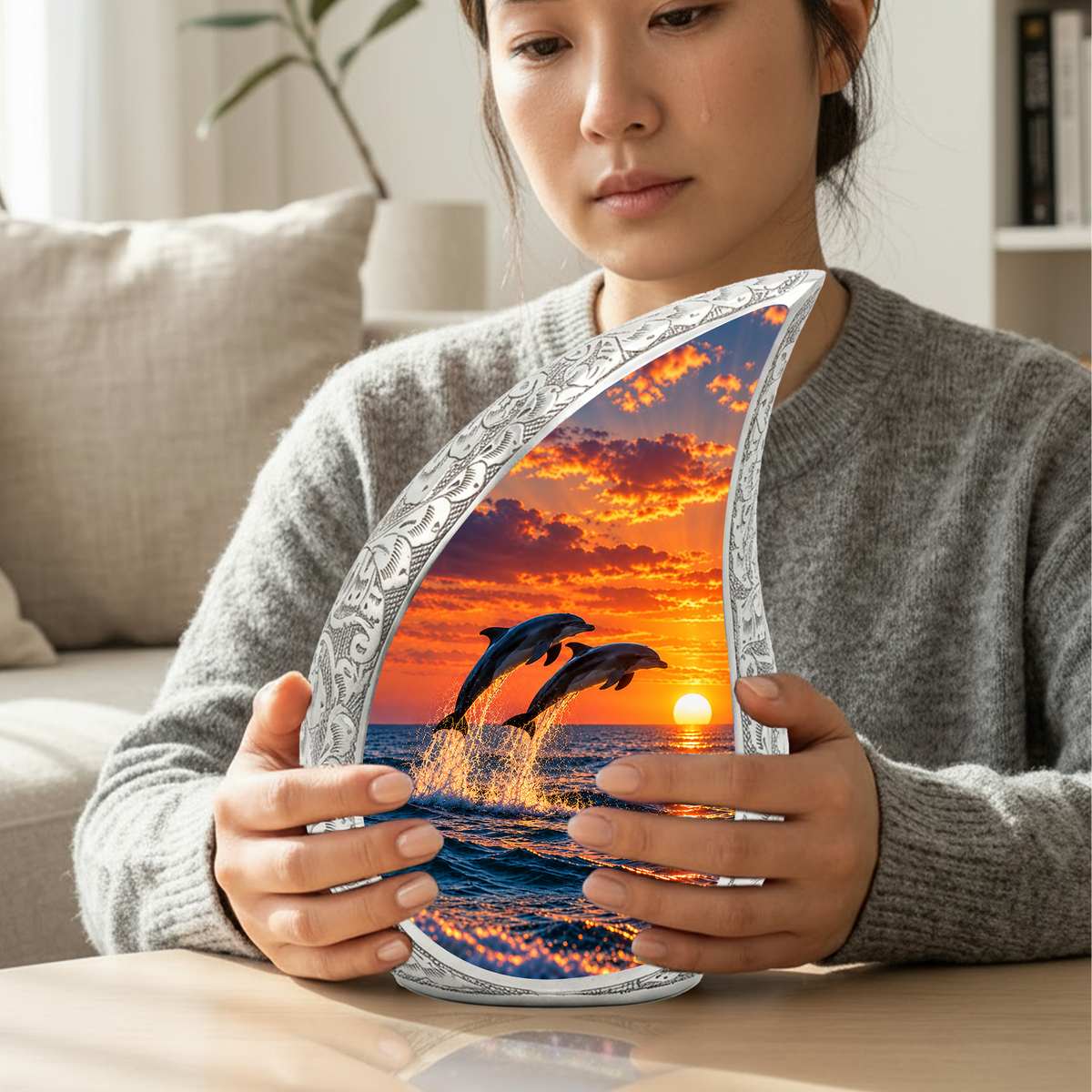 Dolphin Cremation Urn for Ashes, Ocean Memorial Urn, Dolphin Adult Urn, Beach Sunset Cremation Urn