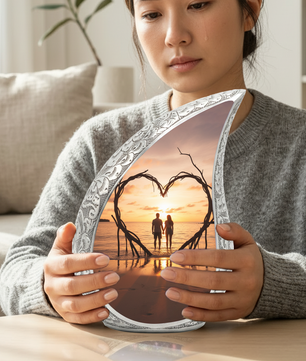 Couple Love Sunset Personalized Cremation Urn – Teardrop Aluminum Memorial Urn, 10 Inch