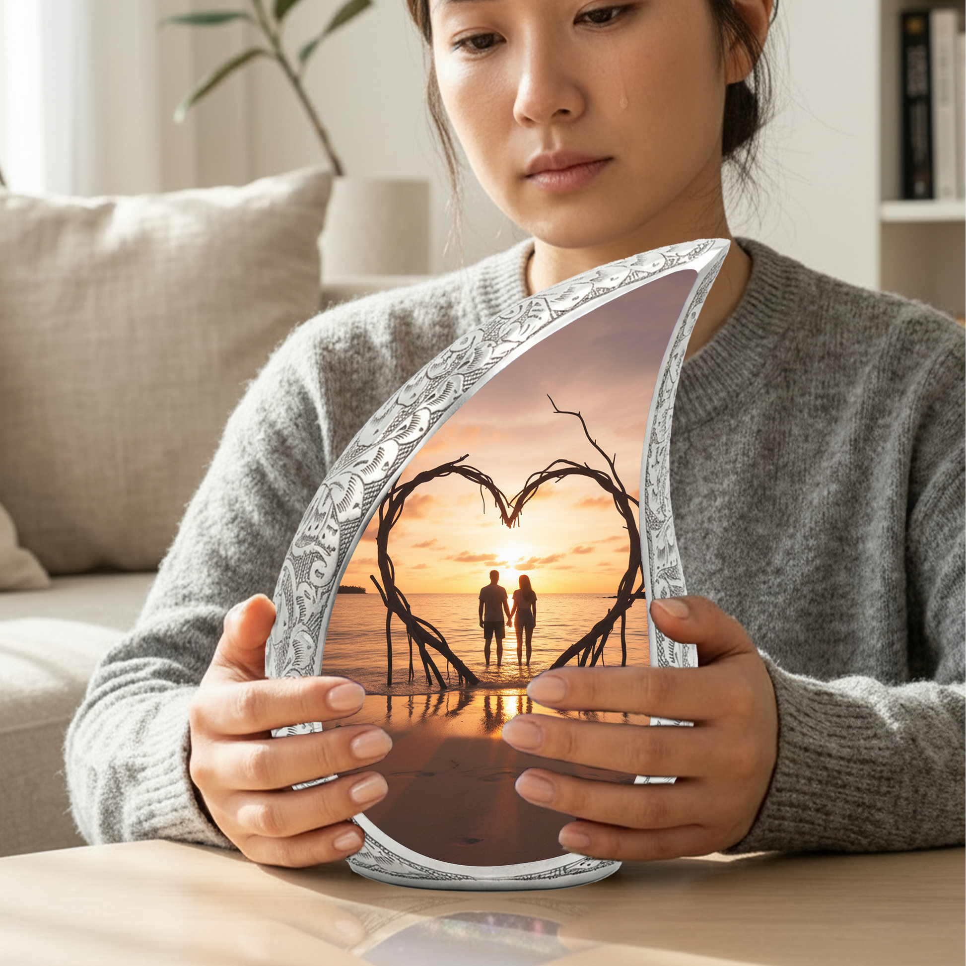 Couple Love Sunset Personalized Cremation Urn – Teardrop Aluminum Memorial Urn, 10 Inch
