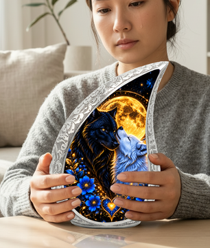 Wolf Couple Cremation Urn for Ashes, Personalized Adult Urn, Black and White Wolf Memorial Urn