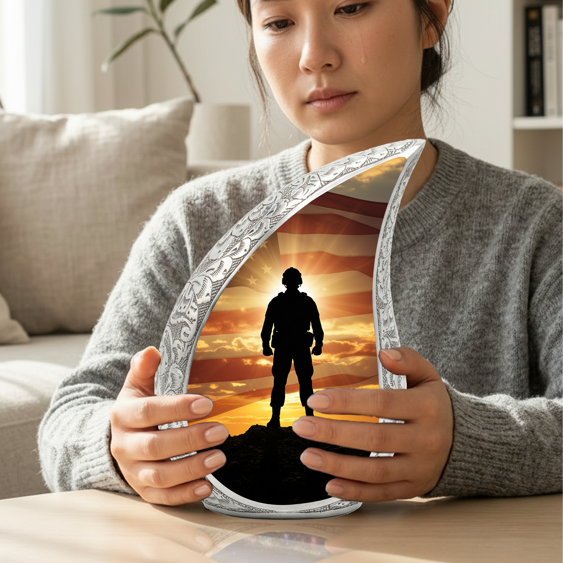 Patriotic Soldier Personalized Cremation Urn – Teardrop Style Aluminum Memorial Urn, 10 Inch